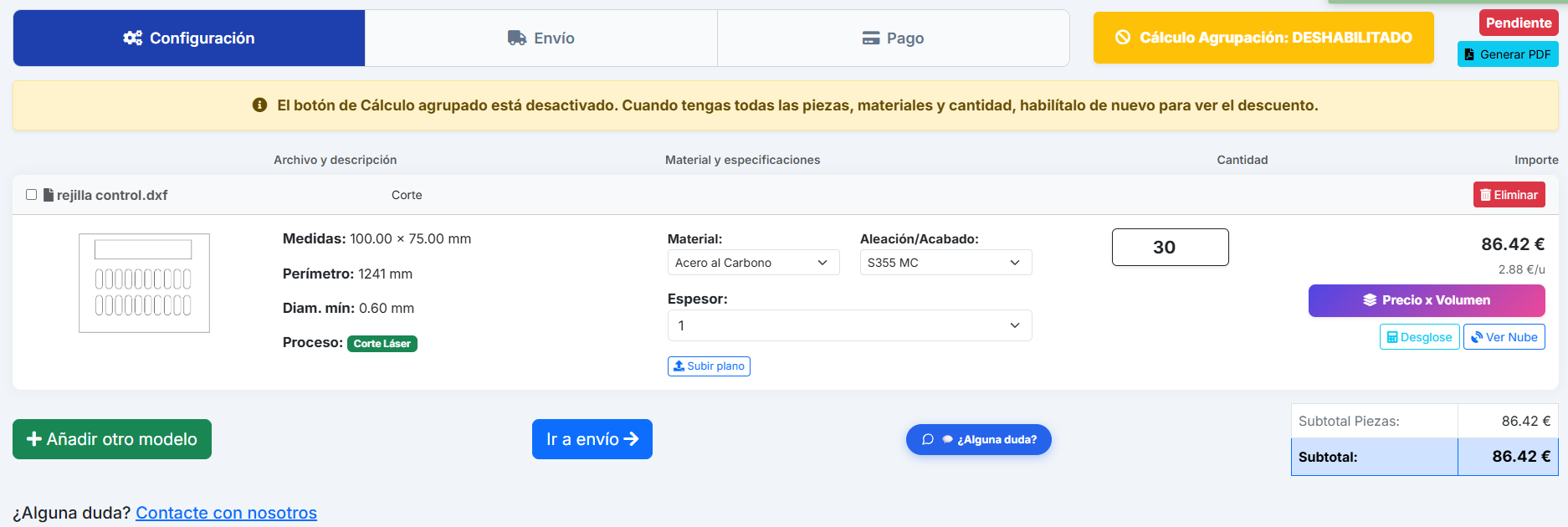 Vista cliente: selección de material
