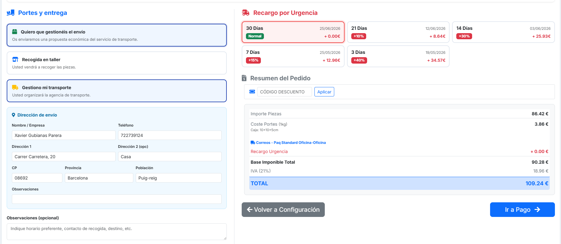 Vista cliente: precio calculado al instante