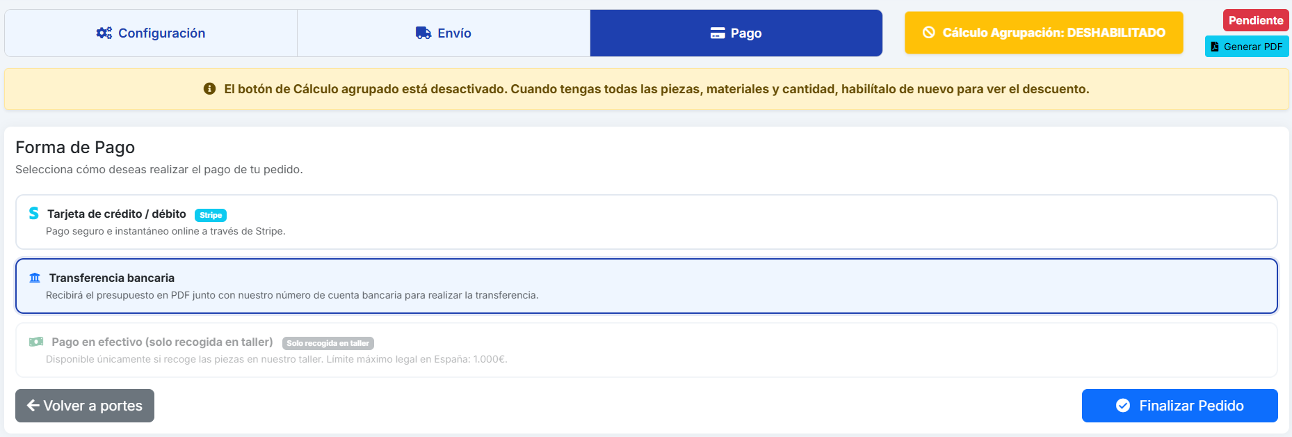Vista cliente: confirmación y PDF