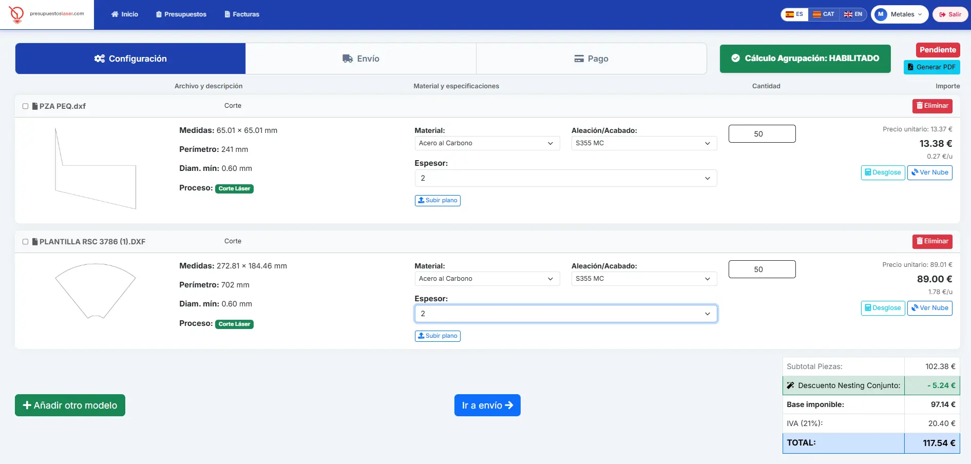 Panel principal ERP corte láser